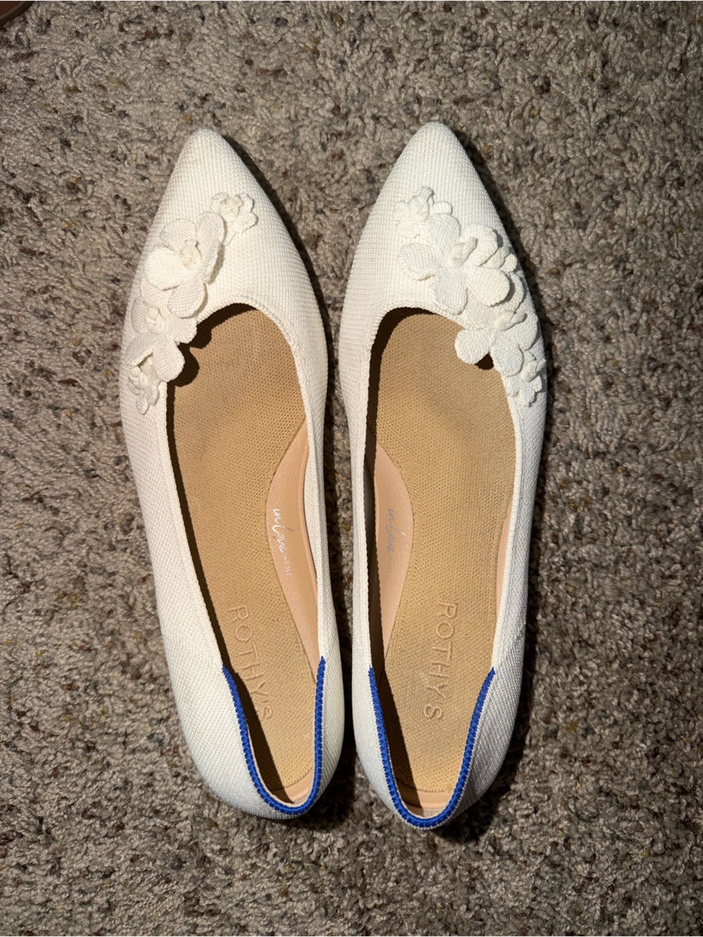 Rothy's Ivory Floral Pointed Toe Flats with Blue Trim